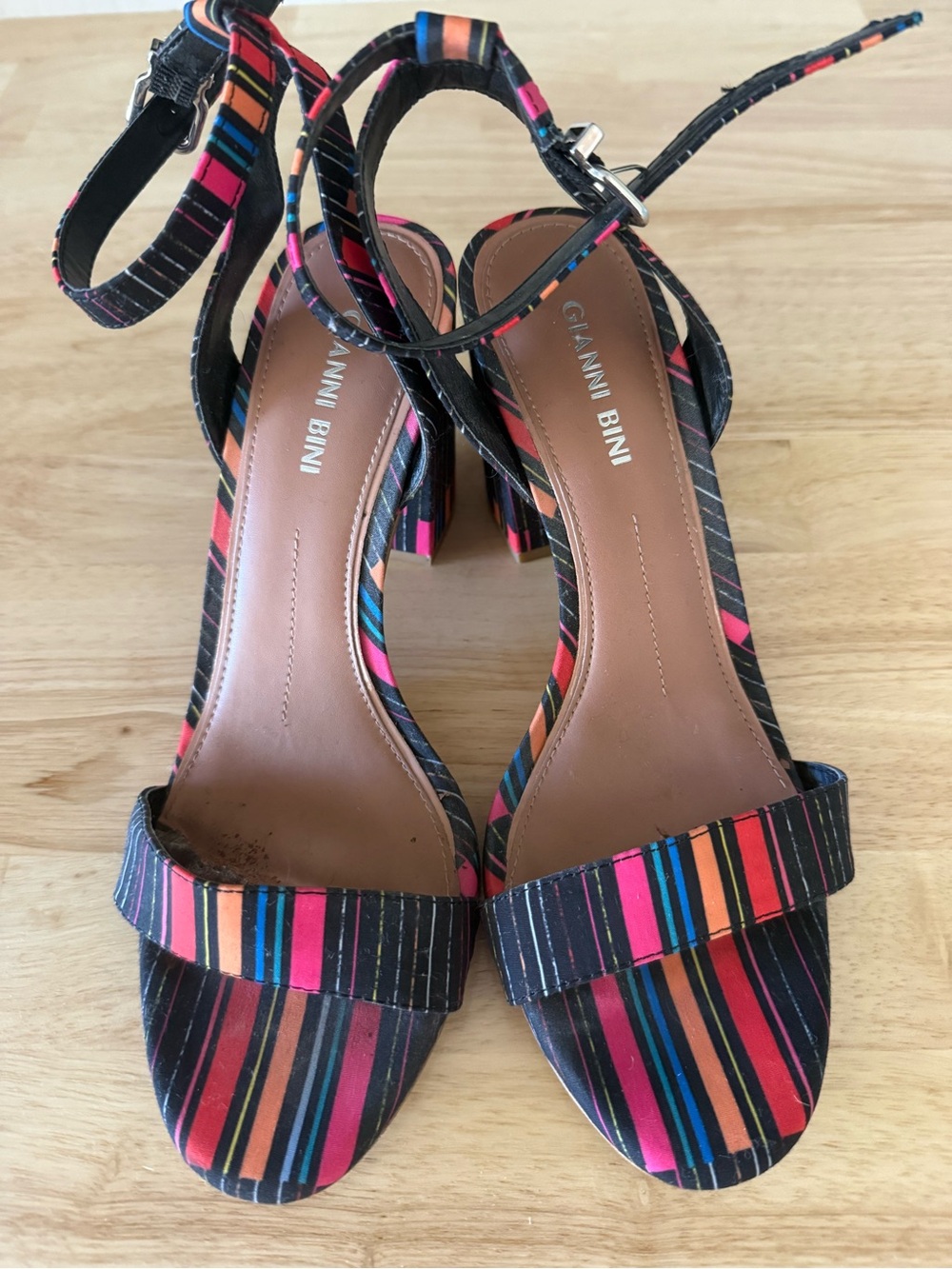 Gianni Bini Black Multicolor Striped Ankle-Strap Block Heels
